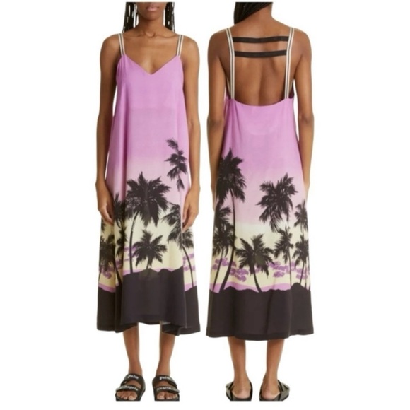 Palm Angels Pink Sunset Satin Slip On Palm Print Midi Slit Logo Dress Size 4 NEW - Picture 8 of 14